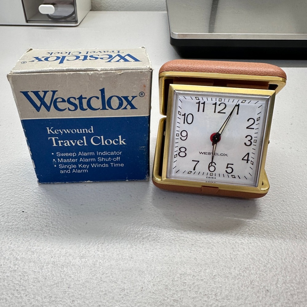 Vintage Westclox Keywound Travel Clock with Original Box Tan Faux Leather